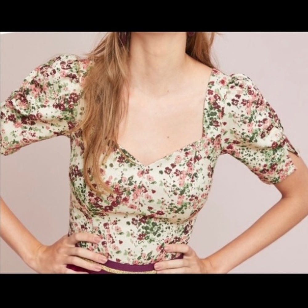 Anthropologie Maeve Alchemy Floral Tapestry Fitted Puff Sleeve Top